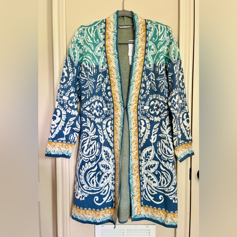 Soft Surroundings Ezer Jacquard Floral Cardigan Duster Blue Multicolor X Small